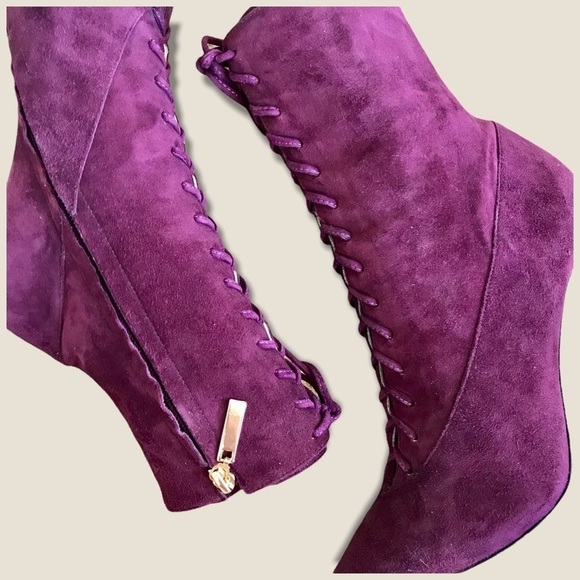 $349 Vero Cuoio Plum/Burgundy Genuine Leather/Suede LaceUp Stiletto Ankle Bootie - Picture 6 of 11